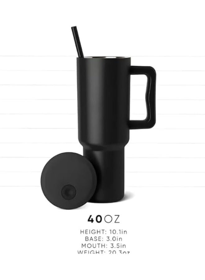 كوب من الفولاذ المقاوم للصدأ معزول بتفريغ الهواء سعة، مزود بمقبض وغطاء مانع للتسرب وماصة قابلة لإعادة الاستخدام - يحافظ على المشروبات ساخنة وباردة، مثالي للسفر والنادي الرياضي (أسود) - Image 2